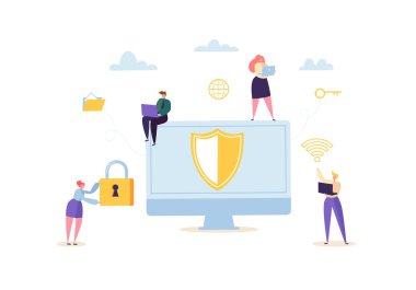 Veri koruma gizlilik kavramı. Gizli ve güvenli Internet Teknolojileri bilgisayar ve mobil gadget kullanarak karakter ile. Ağ güvenliği. Vektör çizim