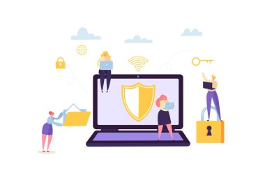 Veri koruma gizlilik kavramı. Gizli ve güvenli Internet Teknolojileri bilgisayar ve mobil gadget kullanarak karakter ile. Ağ güvenliği. Vektör çizim