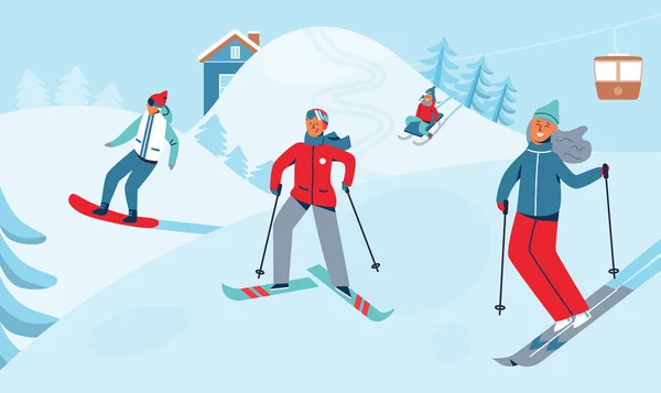 Vacanze invernali Attività sportive ricreative. Ski Resort Paesaggio con Personaggi Sci e Snowboard. Happy People in sella a Snowy Downhill. Illustrazione vettoriale — Vettoriale Stock