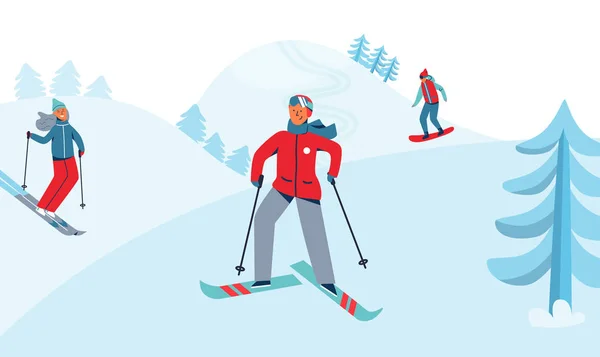 Зимние каникулы Спортивные мероприятия. Горнолыжный курорт Пейзаж с характерами катания на лыжах и сноуборде. Счастливые люди едут на снежном спуске. Векторная иллюстрация — стоковый вектор