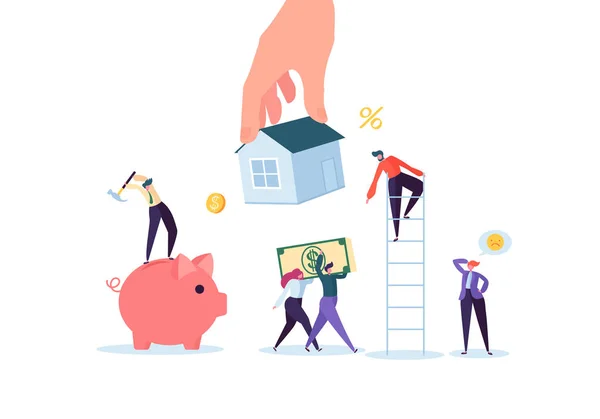 Personagens pagando para casa de hipoteca. Investimento Imobiliário. Conceito de Aluguer ou Empréstimo Home. Dívida de Crédito, Problema Financeiro. Ilustração vetorial — Vetor de Stock