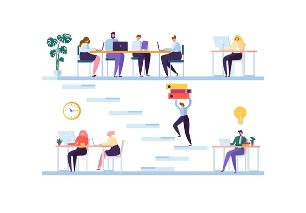 Coworking Space Concept. Collaboration Équipe de personnages Travailler. Employés de bureau travaillant avec ordinateur portable et ordinateur. Les gens d'affaires. Illustration vectorielle — Image vectorielle