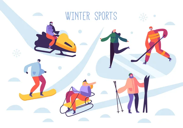 Vintersport aktiviteter med tecken. Människor utomhus skidåkare, snowboardåkare, skridskoåkare, Hockey. Vektorillustration — Stock vektor