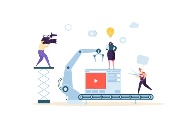 Making Movie, Video Production Concept. Television Operator with Camcorder. Videography, Characters Shooting Film, Motion Picture Camera. Vector illustration — Stock Vector