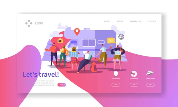 Tourism and Travel Industry Landing Page. Summer Traveling Holiday Vacation with Flat People Characters Website Template. Vector illustration — Stock Vector