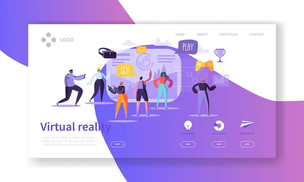 Página de aterrizaje de realidad virtual. Banner de Realidad Aumentada con Personajes de Personas Planas Plantilla Web. Fácil de editar y personalizar. Ilustración vectorial — Archivo Imágenes Vectoriales