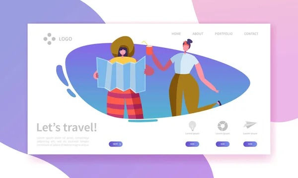 Landing Page für Tourismus und Reisebranche. Sommerreise Urlaub mit flachen Menschen Charaktere Website-Vorlage. Vektorillustration — Stockvektor