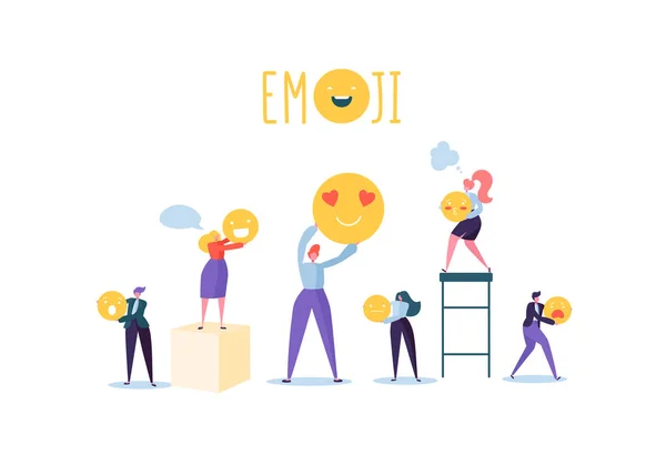 Personnages personnes tenant diverses émoticônes. Emoji and Smiles Communication Concept with Man and Woman. Illustration vectorielle — Image vectorielle