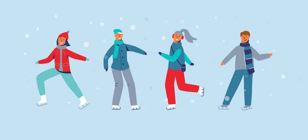 Personnages heureux Patinage sur patinoire Saison d'hiver — Image vectorielle