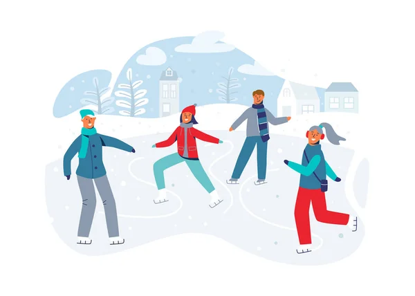 冰湖冬季的快乐角色滑冰 — 图库矢量图片
