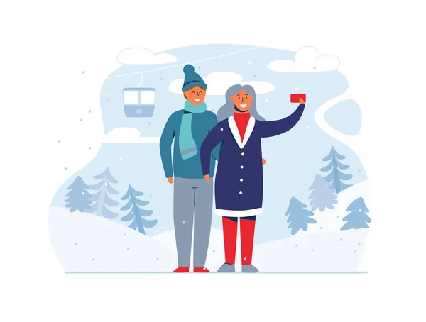 Vacances d'hiver Personnes en station de ski. Couple heureux — Image vectorielle