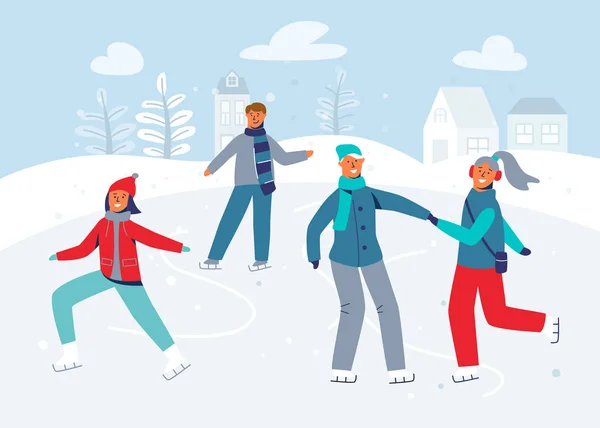 Glückliche Charaktere beim Schlittschuhlaufen auf der Eisbahn — Stockvektor