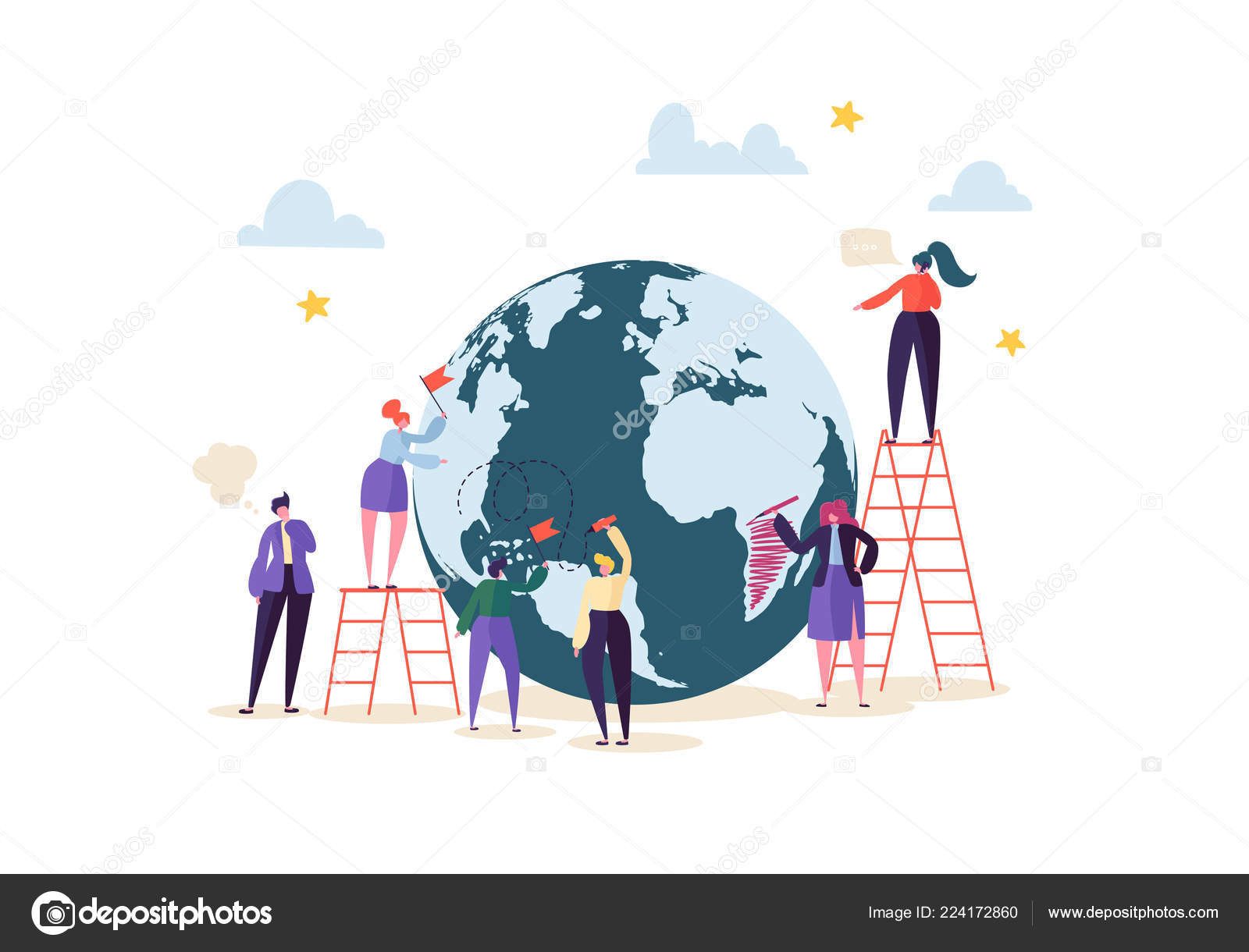 함께 일 하는 캐릭터와 함께 글로벌 비즈니스 개념입니다. 작업 과정에서 통신 하는 사람들. 창의적인 팀웍 협력 전세계 비즈니스입니다.  벡터 일러스트 레이 션 스톡 벡터 - ©vectorlab 224172860, image size:1600x1220