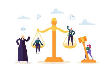 Hukuk ve adalet kavramı karakterler ve yargı elemanları, tokmak, avukat. Yargı ve Mahkeme jüri insanlar. Vektör çizim