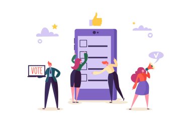E-oylama kavramı kullanarak dizüstü elektronik Internet sistemi üzerinden oylama karakterlerle. Erkek ve kadın oy oy sandığı vermek. Vektör çizim