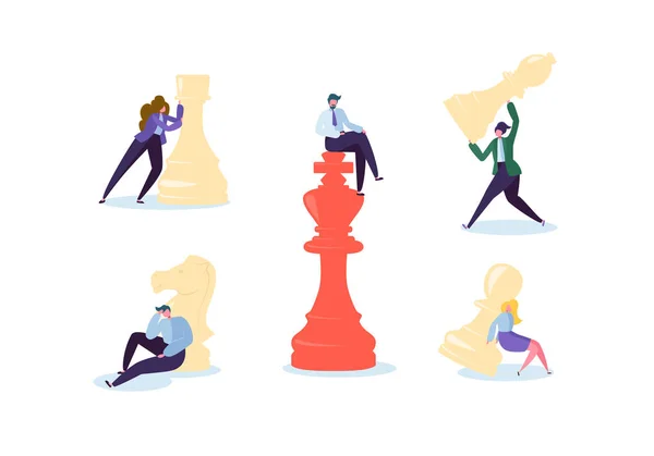 Characters Playing Chess. Business Planning and Strategy Concept. Businessman and Businesswoman with Chess Pieces. Competition and Leadership. Vector illustration — Stock Vector