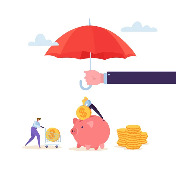 Pojišťovací Agent drží deštník nad peníze. Finanční ochranu koncept s znak žena sbírání zlatých mincí v prasátko. Bezpečnost investice. Vektorové ilustrace — Stockový vektor