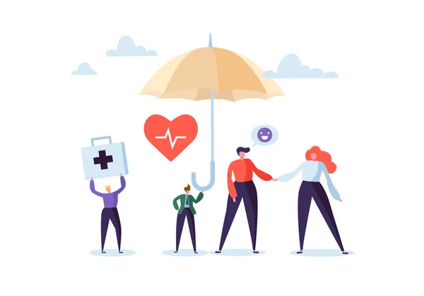 Sjukförsäkringen koncept med tecken och paraply. Medicin och sjukvård Agent föreslår ett kontrakt om medicinska tjänster till klienter. Vektorillustration — Stock vektor