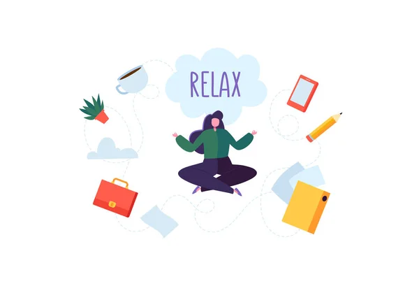 Zakenvrouw mediteren op stressvolle kantoorwerk. Zakelijke karakter ontspannen op koffiepauze. Meditatie Yoga Concept. Vectorillustratie — Stockvector