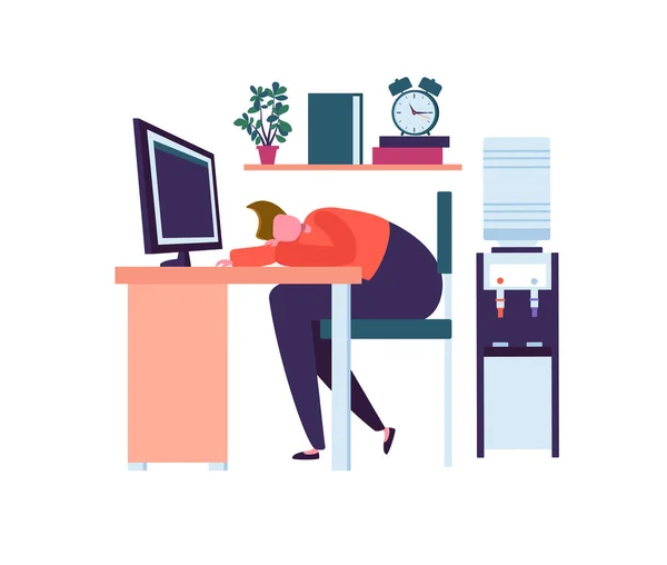 Vermoeide zakelijke karakter slapen in het kantoor. Uitgeput werknemer inslapen op het werk. Luie Man slapen achter zijn bureau. Vectorillustratie — Stockvector