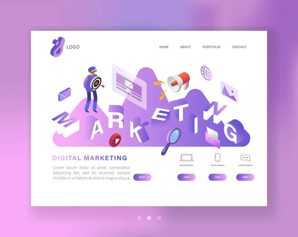 Social Media Marketing Isometric Landing Page Template (em inglês). Web Page Design com Personagem Criando Conteúdo Digital. Fácil de editar e personalizar. Ilustração vetorial —  Vetores de Stock