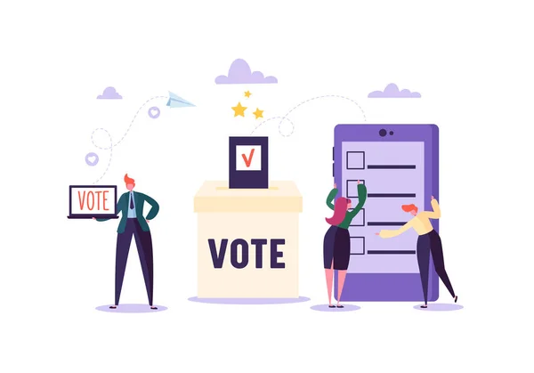Ε-ψηφοφορίας έννοια με χαρακτήρες ψηφοφορίας χρησιμοποιώντας το φορητό υπολογιστή και Tablet μέσω του συστήματος ηλεκτρονικών Διαδικτύου. Άνδρας και γυναίκα θα πρέπει να δώσει ψηφοφορία σε κάλπη. Εικονογράφηση διάνυσμα — Διανυσματικό Αρχείο