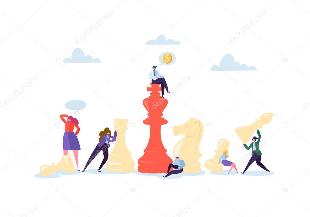 Characters Playing Chess. Business Planning and Strategy Concept. Businessman and Businesswoman with Chess Pieces. Competition and Leadership. Vector illustration