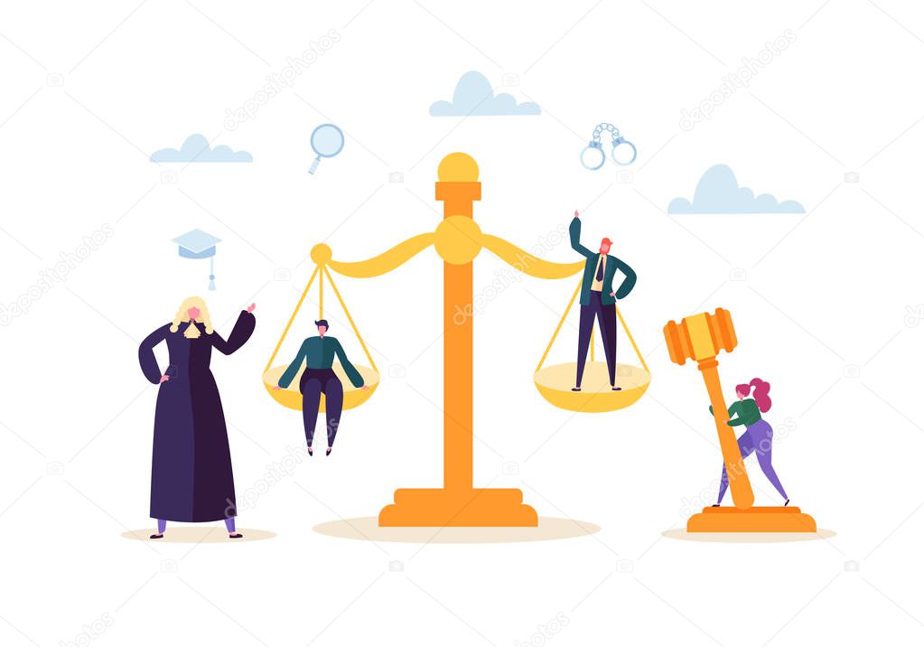 Law and Justice Concept with Characters and Judical Elements, Gavel, Lawyer. Judgment and Court Jury People. Vector illustration