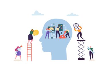 Yapay zeka kavramı. Düz sabitleme mekanik robot baş karakter. Takım çalışması, makine teknolojisi ve onarım servisi. Vektör çizim