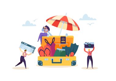 Mutlu iş karakter Beach tatil için hazırlanıyor. Kokteyl ile Tropikal Resort ofis işçi insanlar. Turizm ve seyahat. Vektör çizim