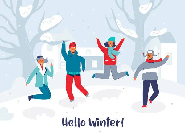 Personnages joyeux Amis Sauter dans la neige. Les gens en vêtements chauds en vacances heureuses. Bonjour Winter Card. Homme et femme s'amusent à l'extérieur. Illustration vectorielle — Image vectorielle