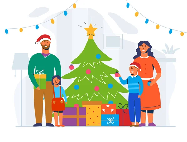 Lycklig familj dekorera julgran. Vinter semester tecken hemma med gåvor. Föräldrar och barn tillsammans fira nyår. Vektorillustration — Stock vektor