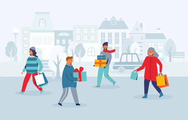 Happy Characters Shopping pendant les vacances d'hiver. Des gens avec des cadeaux de Noël sur City Street. Femme et homme avec des sacs à provisions sur le Nouvel An. Illustration vectorielle — Image vectorielle