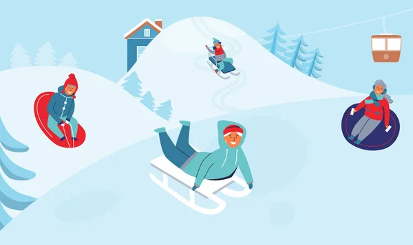 Luge pour filles et garçons sur la station de ski. Personnages enfants S'amuser pendant les vacances d'hiver. Happy People Playing Out in the Snow. Illustration vectorielle — Image vectorielle