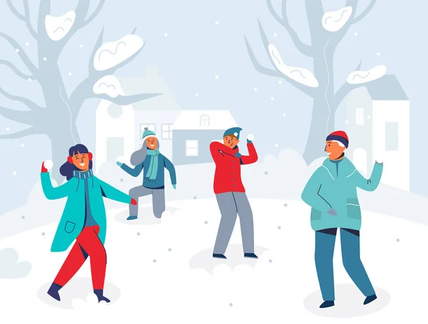 Winterfiguren spielen Schneebälle. fröhliche Menschen, die Spaß im Schnee haben. Jungen und Mädchen beim Schneeballwerfen. Vektorillustration — Stockvektor