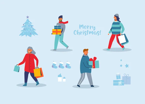Ευτυχισμένος χαρακτήρες Ψώνια για χειμερινές διακοπές. Οι άνθρωποι με χριστουγεννιάτικα δώρα. Γυναίκα και άνδρας με Τσάντες για Ψώνια για το νέο έτος. Εικονογράφηση διάνυσμα — Διανυσματικό Αρχείο