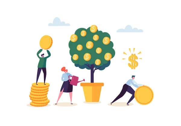 Biznes Kobieta Podlewanie Roślin Pieniądze Znaki Zbierając Złote Monety Drzewa — Wektor stockowy