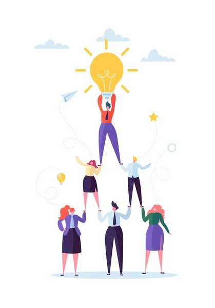 Concetto di lavoro di squadra di successo. Piramide degli uomini d'affari. Leader che tiene la lampadina sulla parte superiore. Leadership, lavoro di squadra e idee creative. Illustrazione vettoriale — Vettoriale Stock