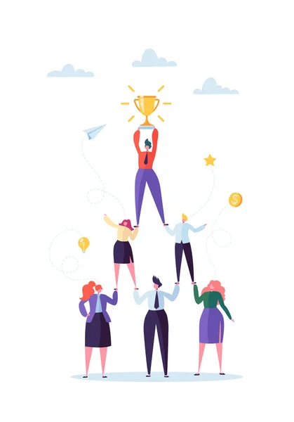 Concepto de trabajo en equipo exitoso. Pirámide de gente de negocios. Líder sosteniendo la Copa de Oro en la cima. Liderazgo, Trabajo en Equipo y Éxito. Ilustración vectorial — Vector de stock