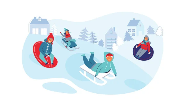 Niñas y niños en trineo. Personajes para niños divirtiéndose en vacaciones de invierno. Gente feliz jugando al aire libre en la nieve. Ilustración vectorial — Archivo Imágenes Vectoriales