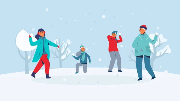 Зимние персонажи играют в снежки. Веселые люди, веселящиеся в снегу. Мальчики и девочки бросают снежок. Векторная иллюстрация — стоковый вектор