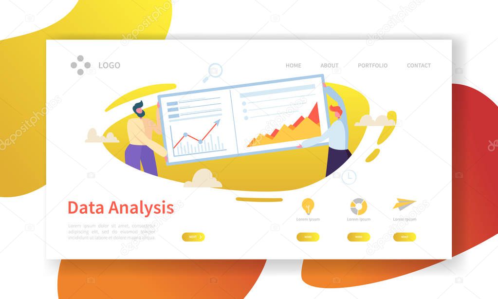 Data Analysis Concept Landing Page. Flat People Characters Building Dashboard Graph Website Template. Easy Edit and Customize. Vector illustration