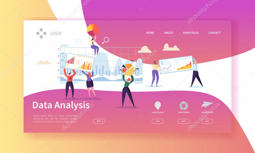 Data Analysis Concept Landing Page. Flat People Characters Building Dashboard Graph Website Template. Easy Edit and Customize. Vector illustration