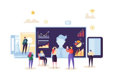 Telekonferans Online iletişim kavramı. Video konferans Webinar iş insanlar. Karakter veri analizi toplantıya çağır. Vektör çizim