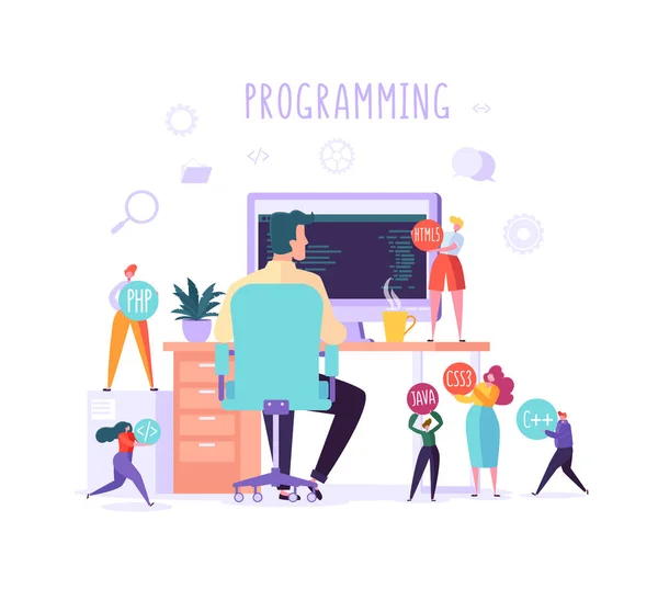 Conceito de Programação de Software e Página Web. Personagem do programador Trabalhando no computador com código na tela. Freelancer Workplace Coding. Ilustração vetorial —  Vetores de Stock