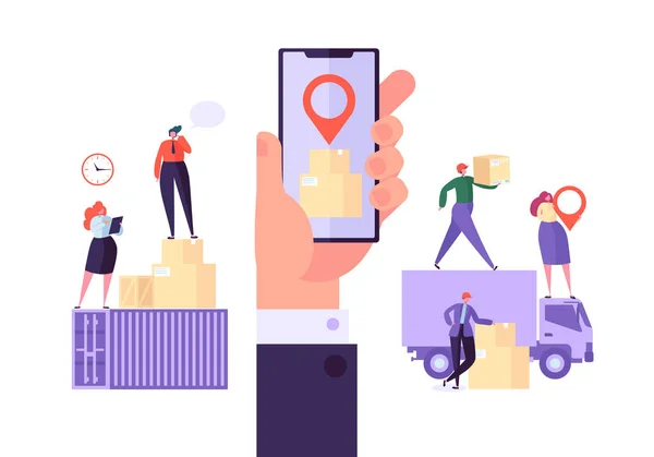 Servizio di localizzazione app mobile per la consegna di carichi online. Concetto di consegna logistica in tutto il mondo con personaggi corriere. Lavoratori in uniforme con pacchi. Illustrazione vettoriale — Vettoriale Stock