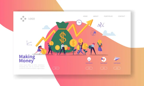 Making Money Landing Page. Business Investment Banner with Flat People Characters Saving Money Website Template. Easy Edit and Customize. Vector illustration — Stock Vector