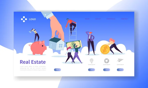 Página de Aterragem Imobiliário. Investimento em imóveis Banner com pessoas planas Personagens Comprando Apartamentos Website Template. Fácil Editar e Personalizar. Ilustração vetorial —  Vetores de Stock