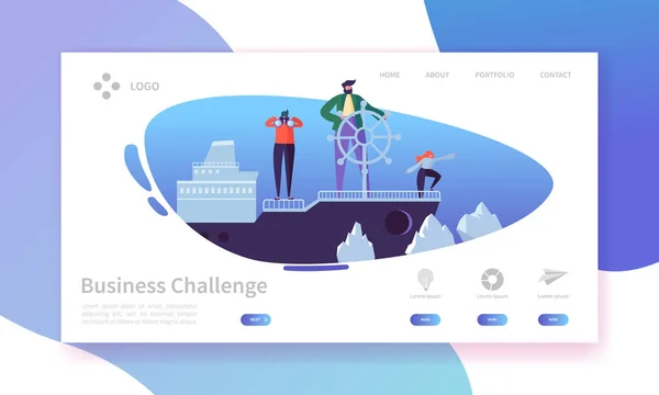 Business Challenge Landing Page Banner Con Personajes Personas Planas Nave — Archivo Imágenes Vectoriales