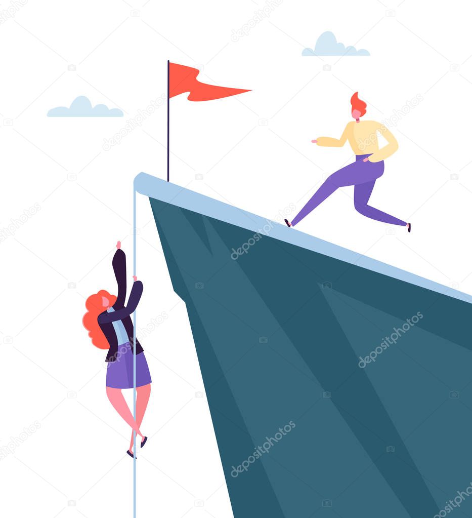 Business Challenge Concept. Businesswoman Climbing on Peak of Mountain. Businessman Character Running to the Top. Goal Achievement, Leadership, Motivation Concept. Vector illustration